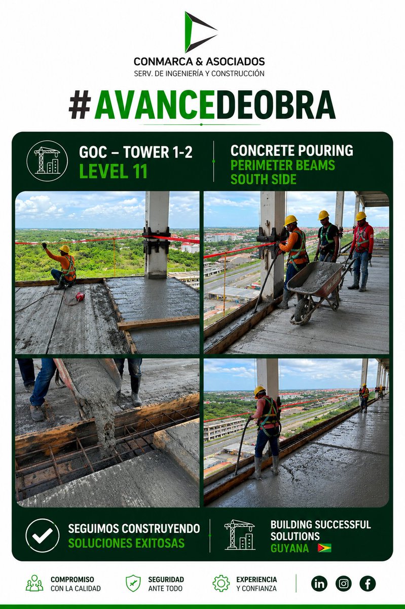 ConmarcaING's tweet photo. #ConstructionProgress 🚧

GOC – Tower 1-2 | Level 8-11
Concrete Pouring Perimeter Beams &amp; Floor Slab – South Side 🏗️

Precision, teamwork, and safety at height. ⛑️
Proud of our team in Guyana 🇬🇾💪

🏗️ Building Successful Solutions.

#SafetyFirst #ConcretePouring #Construction https://t.co/xaEtEfMlMP