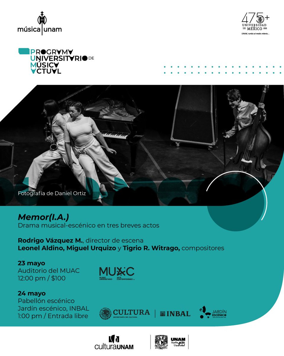 musicaunam's tweet photo. Programa Universitario de Música Actual PUMA
“Memor(I.A.)” es un drama musical-escénico surgido del Taller de Composición Música UNAM 2025, bajo la tutoría de la compositora Ana Lara. Comienza en 2125 cuando un humano y su inteligencia artificial celebran el "Día Internacional de la Pérdida de la Memoria".

Sábado 23 mayo | Auditorio MUAC | 12:00 pm | $100
• Más información: https://t.co/WceJ6crruh

Domingo 24 mayo | Pabellón escénico. Jardín Escénico, INBAL | Entrada libre
• Más información: https://t.co/N3kOsBKADf

#MúsicaUNAM #CulturaUNAM @MUACunam @jardinescenico