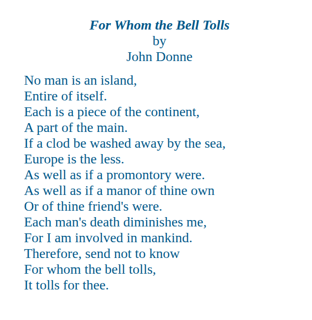 ostraperlera's tweet photo. I didn't know (or didn't remember) that the title For Whom the Bell Tolls came from a poem. 
These days, when it feels like the only thing people can think about is getting rid of one another, I can't get it out of my head: https://t.co/lJFmXsxskC