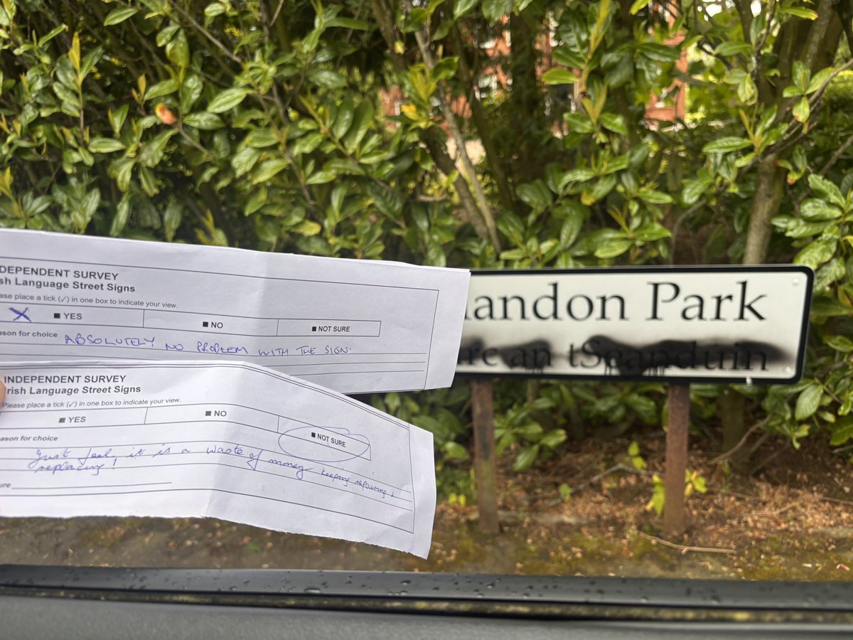stiofanbruce_'s tweet photo. ⭕️ Quick update from Shandon Park.

A few days ago when I was out speaking to residents, the general consensus was that a lot of people were still unsure about the Irish language street signs and to be fair, that’s still the biggest response overall. But today was different in one way: I had more “yes” answers in favour of the signs than on any previous day so far.

That doesn’t mean it’s suddenly a landslide in support. “Not sure” is still the biggest group by a fair bit. But right now, “yes” is coming in second, and “no” is the smallest group from the households I’ve spoken to up to this point.

For anyone saying I’m being biased or making this up, I’ve been going door to door myself, using my own printed surveys, and giving every resident the same opportunity to answer or not answer. Some people wrote comments, some didn’t. Some signed the survey, some didn’t. Completely optional, and private. I won’t be sharing any personal details.

What’s been interesting is that even among people who disagree with the signs, many were happy to talk openly. No one was pressured. Some said straight out they don’t want them because they feel it doesn’t represent them. Others said they support them, but all of those who answered “not sure” keep raising the same issue: the cost.

A lot of residents are saying the repeated vandalism and repairs are turning it into a waste of money. Several also told me they believe the damage isn’t being caused by people from Shandon Park itself, but by people coming in from surrounding areas and suspicion of one resident in the street. That’s what residents are saying, not me.

I’m around 80 households in now, so this is not final results. I still have roughly half the area to cover. This is just an update on what people are telling me directly on the ground.