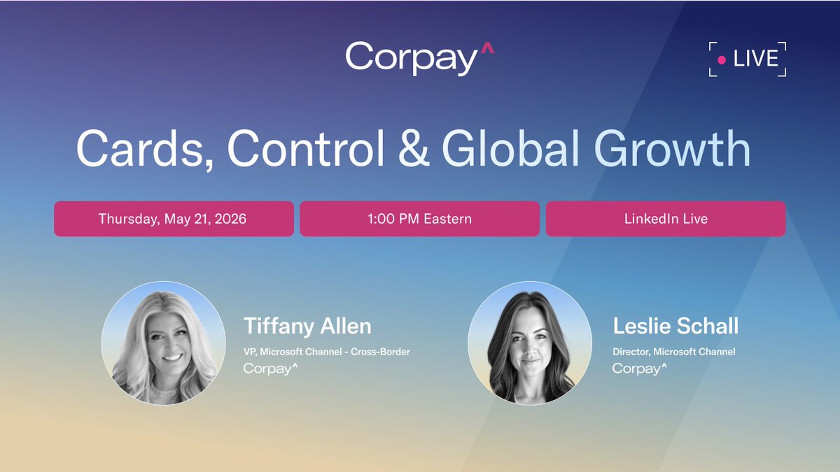 GetCorpay's tweet photo. The best conversations in payments happen when the right people are in the room and the questions are real. 

Our LinkedIn Live this Thursday with Tiffany Allen and Leslie Schall is a chance for AP leaders to get real insights about building a better card program from the people who live in this space every day.

Join us Thursday, May 21 at 1pm ET. Bring your questions.

Register here: https://t.co/9saWutj2OL
