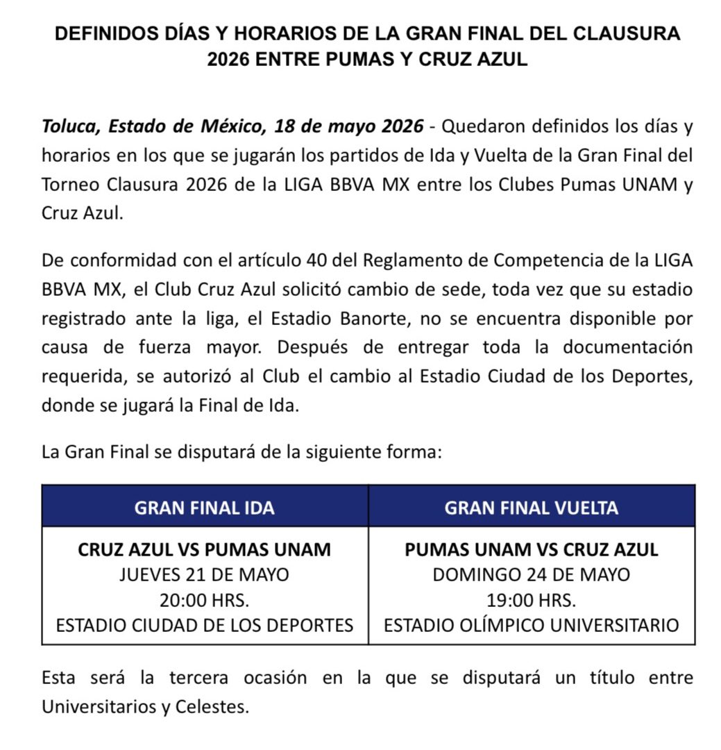 Sergiotops1's tweet photo. Horarios oficiales de la final entre Pumas vs. Cruz azul

Que final 🔥 https://t.co/dlZ0IsDrRg
