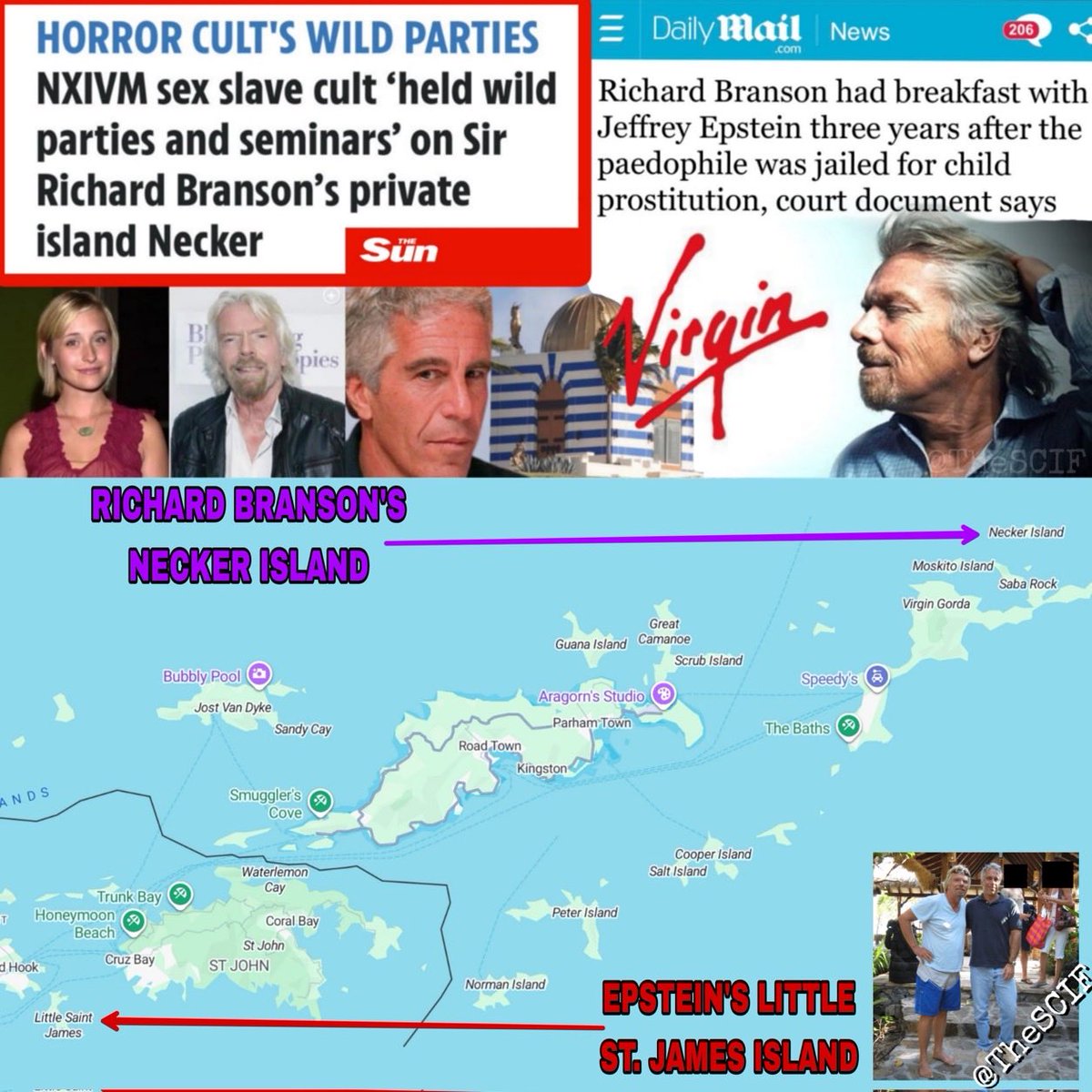 ExposingEvil704's tweet photo. Richard Branson is one individual, who is rarely mentioned, tied to Jeffery Epstein.

Branson spent massive time with Epstein, even after he was first convicted for sexually abusing a minor in 2008.

Branson also owns “Necker Island,” which is just a short ride from Epstein's Little St. James Island.

Branson coincidentally owns the company, “Virgin,” and held private sex parties with the horrific sex slave cult, “NXIVM,”who would brand its victims with a hot iron on their body. 

How many more islands and Epsteins are still out remains the million dollar question? 

But you already know the answer…