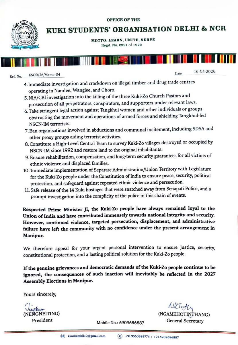 KhongsaiChanu's tweet photo. The KSO Delhi has submitted a memorandum to @narendramodi @PMOIndia seeking justice for the brutal killing of three Kuki pastors, the abduction of 14 Kuki men and urgent political and security intervention for the Kuki Community in Manipur.

Read :
https://t.co/QNmpqqPTYZ

@adgpi @PMOIndia @SpokespersonMoD @Spearcorps @easterncomd @ANI @MIB_India @CBC_MIB @IndiaTodayNE @NELiveTV @NortheastToday @Northeast_Diary @CBIHeadquarters