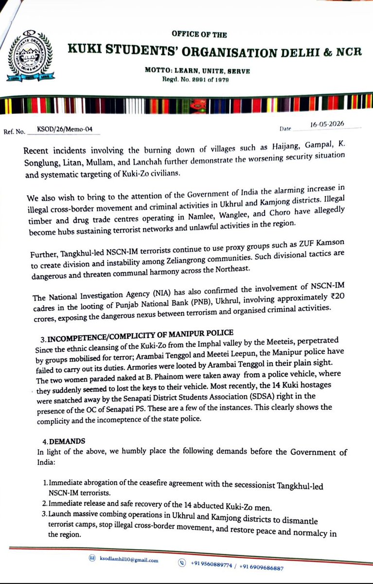 KhongsaiChanu's tweet photo. The KSO Delhi has submitted a memorandum to @narendramodi @PMOIndia seeking justice for the brutal killing of three Kuki pastors, the abduction of 14 Kuki men and urgent political and security intervention for the Kuki Community in Manipur.

Read :
https://t.co/QNmpqqPTYZ

@adgpi @PMOIndia @SpokespersonMoD @Spearcorps @easterncomd @ANI @MIB_India @CBC_MIB @IndiaTodayNE @NELiveTV @NortheastToday @Northeast_Diary @CBIHeadquarters