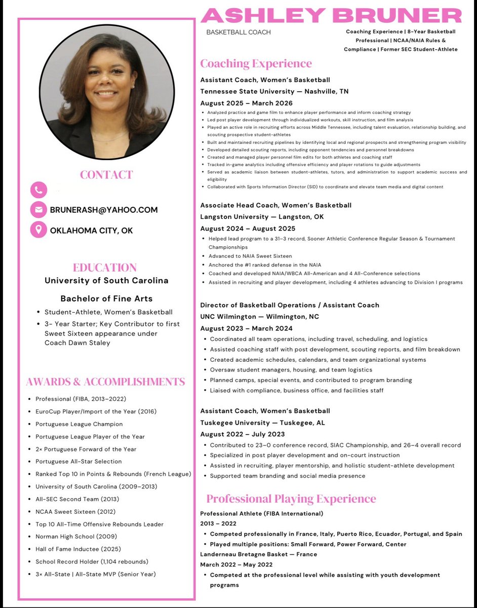 ashleybruner_'s tweet photo. Big shout out to @_ATThompson for the upgraded resume as I continue to navigate the Coach’s Portal. A graphic design/tech wiz! My guy 😎 hit him up for all of your graphic++ needs 🩷 https://t.co/LmTnVOBOm4