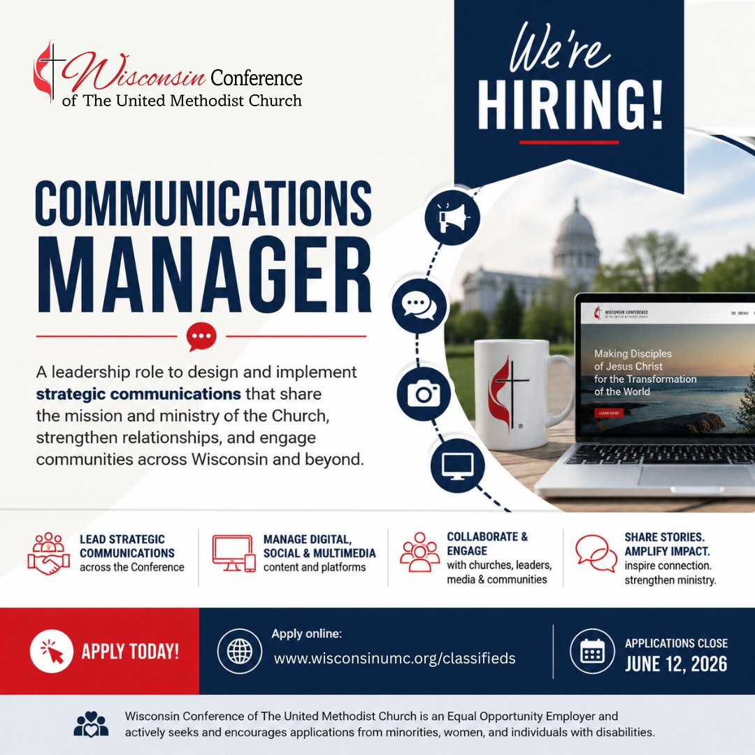 WisconsinUMC's tweet photo. The WI Conference of The UMC is hiring a Communications Manager!

📍 Sun Prairie, WI
📅 Apply by June 12, 2026

More info: https://t.co/7yAWcTlwbQ https://t.co/eymL75tMWI
