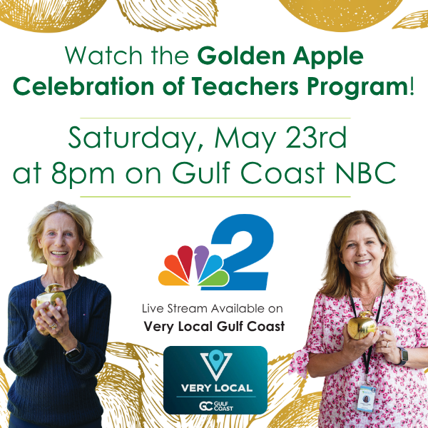 Champs4Learning's tweet photo. Join us in a community-wide expression of gratitude as we honor &amp; celebrate Collier County teachers with the one-hour “Golden Apple Celebration of Teachers” television program on Saturday, May 23 at 8:00 PM on Gulf Coast NBC. https://t.co/HOSZ0wvLVI