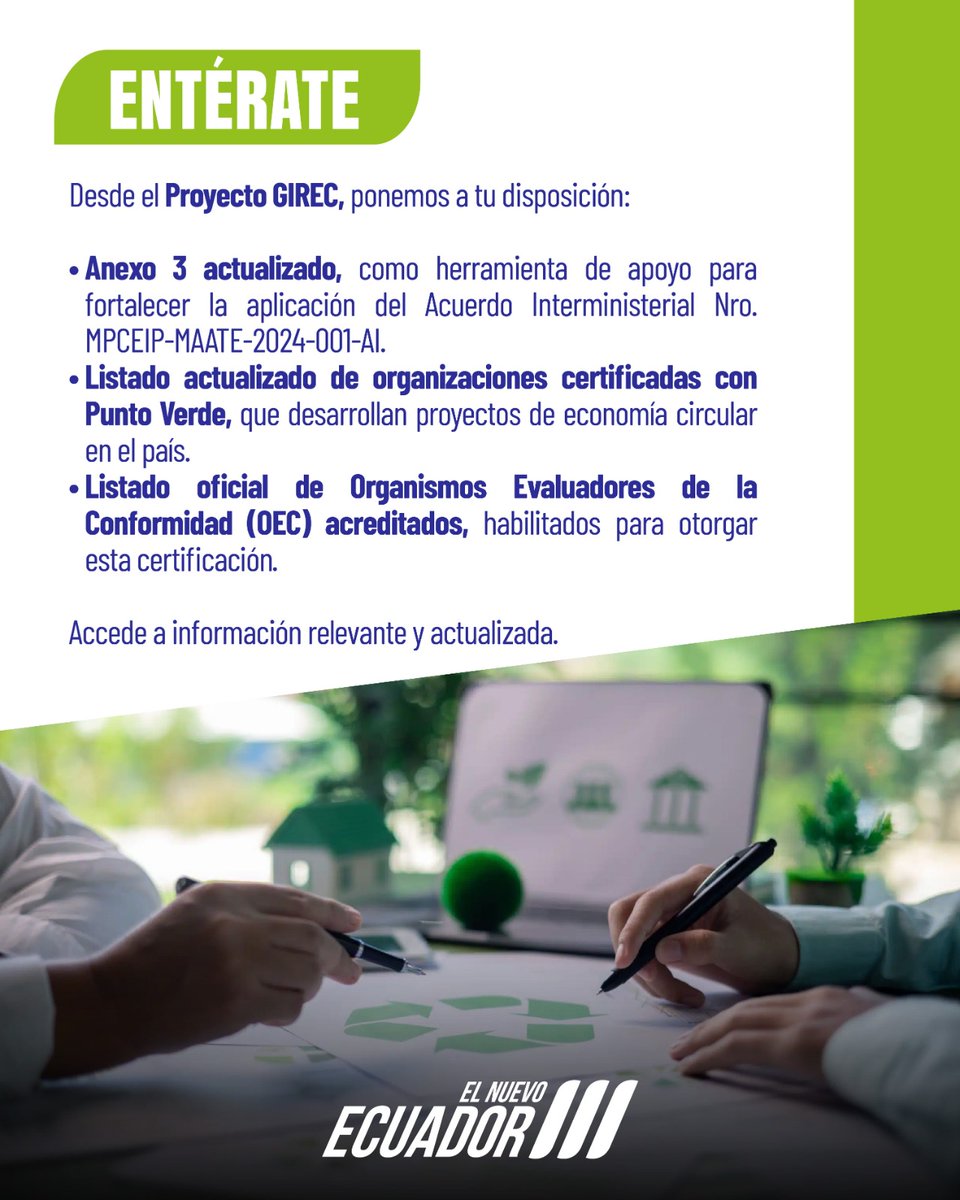 EcuadorMAE's tweet photo. ¡Actualizamos la información de la Certificación Punto Verde!

Ya están disponibles en el micrositio GIREC:
✅ Anexo 3 actualizado.
✅ Listado actualizado de organizaciones certificadas con Punto Verde.
✅ Listado oficial de Organismos Evaluadores de la Conformidad (OEC) acreditados.
Promovemos más iniciativas de economía circular en el país. 

Conoce más en:
https://t.co/X6msEBa1VN