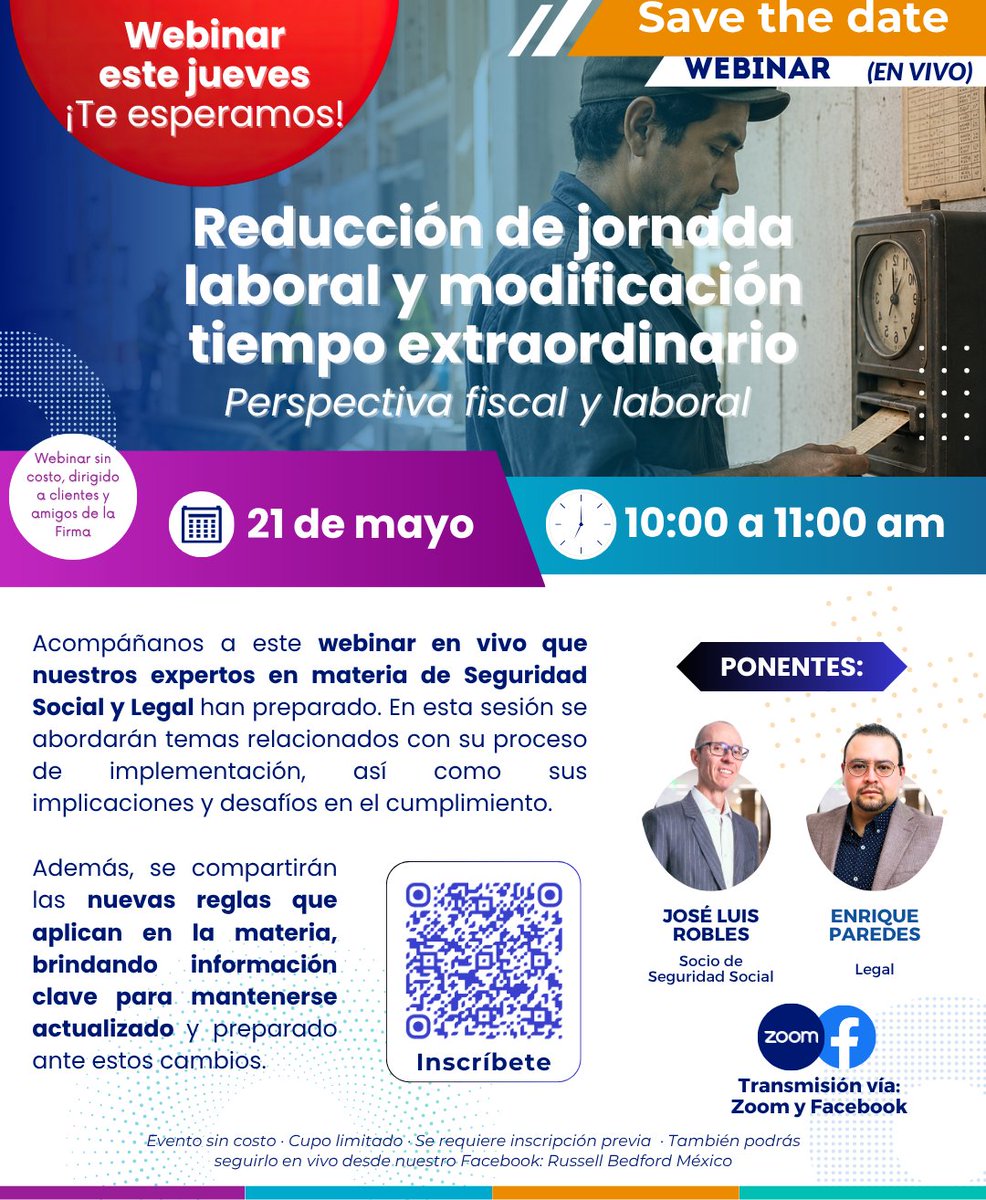 RB__Mexico's tweet photo. 📢 Webinar: Reducción de la Jornada Laboral

Acompáñanos este jueves 21 de mayo a las 10:00 a.m., donde nuestros expertos explicarán en un webinar gratuito, cómo será la implementación de la reforma 👷🏻‍♂️

Regístrate aquí 👉🏻https://t.co/p64xmTSWP6

#JornadaLaboral #Jornada40Horas https://t.co/7OtjeYd3vH