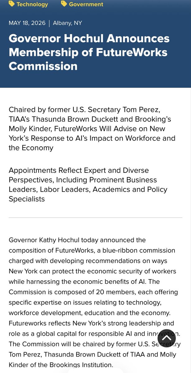 NYCGreenfield's tweet photo. No governor in America is leading on AI like @GovKathyHochul.

While others wait, she’s out front.

Honored to be appointed to Hochul’s FutureWorks Commission, serving w @TomPerez.

At @MetCouncil we pay our staff to learn AI.

Because AI should empower workers, not replace them. https://t.co/rex96VWhI1