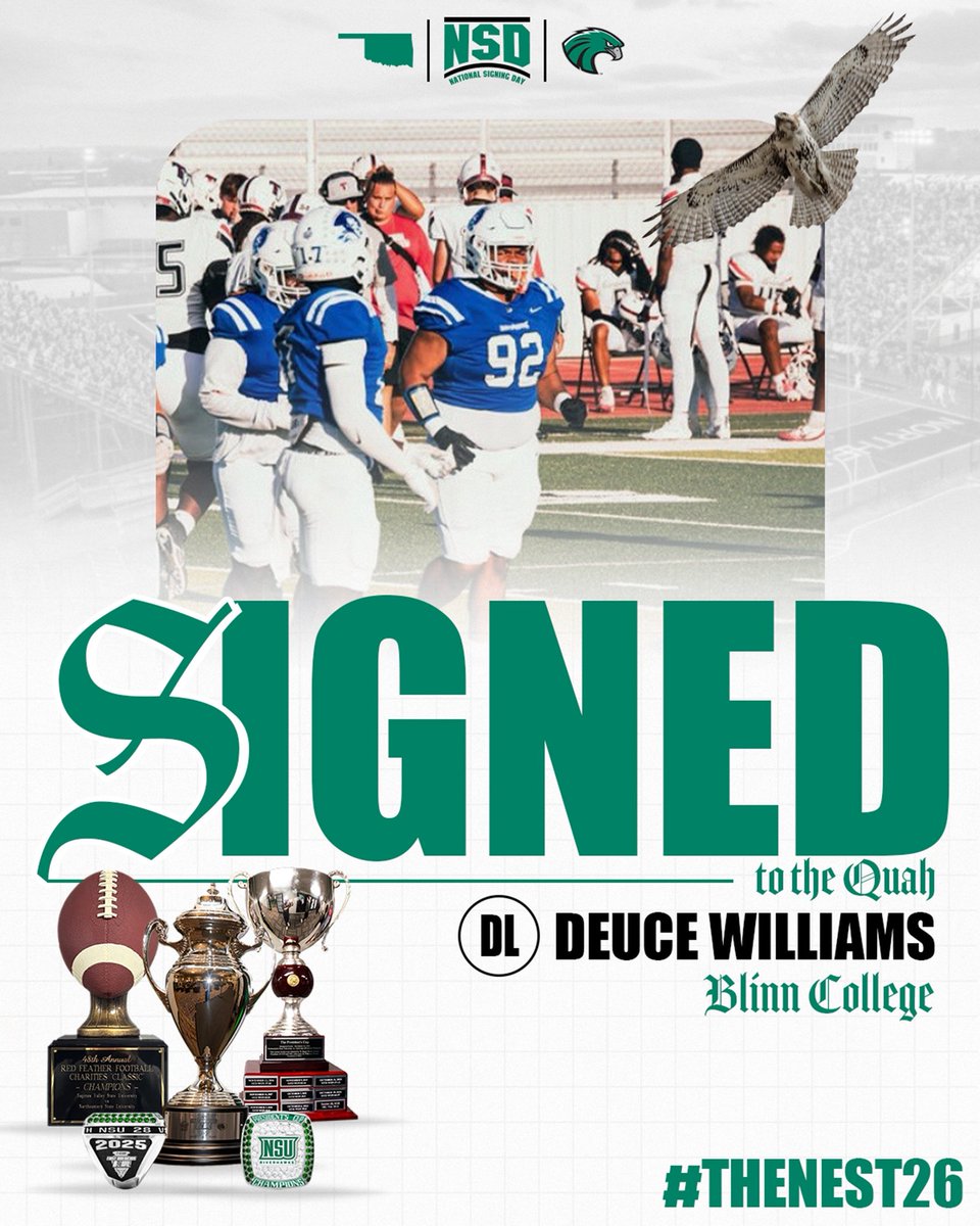 NSU_Football's tweet photo. Signed to the Quah ✍️🦅

Deuce Williams, welcome to NSU!

Vacherie, Louisiana native standing 6'2", 305 pounds. A powerful defensive lineman and 2023 LSWA 3A All-State selection, Deuce comes to Tahlequah after two dominant seasons anchoring the defensive line at Blinn College.

#TheNest26 | #Come2TheQuah
