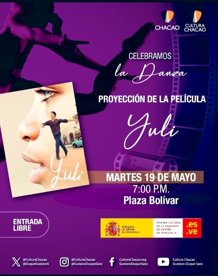 hectorbarboza's tweet photo. #cine La Embajada de España y Cultura Chacao invitan a todos a la proyección gratuita de la película Yuli (2018) este martes 19 en la plaza Bolívar de Chacao Dirigida por la cineasta española Icíar Bollaín : narra la historia del bailarín cubano Carlos Acosta - 7 pm Libre https://t.co/1LfYdfIvHW