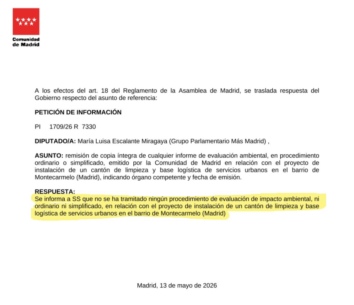 EscalanteMarisa's tweet photo. La @ComunidadMadrid acaba de reconocer por escrito que no ha tramitado ningún procedimiento de evaluación de impacto ambiental para el Cantón de Montecarmelo.

@AlmeidaPP_ ha cometido un atropello metiendo las máquinas, para un macroproyecto pegado a entornos escolares. https://t.co/ryz7ZbKpRE