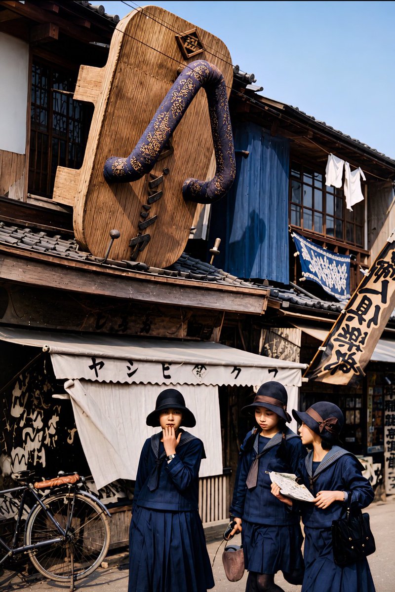 johannesbambang's tweet photo. @5Te6IA0NzW6JEYj Restored and colorized photograph from early Shลwa-era Japan (1929).
Three schoolgirls walk past a traditional Tokyo storefront beneath a giant geta sign.
#JapanHistory #ShowaEra #VintageJapan #PhotoRestoration
#AIArt #ColorizedHistory #OldTokyo #HistoricalPhotos
#RetroJapan https://t.co/gBfJEa8vnq