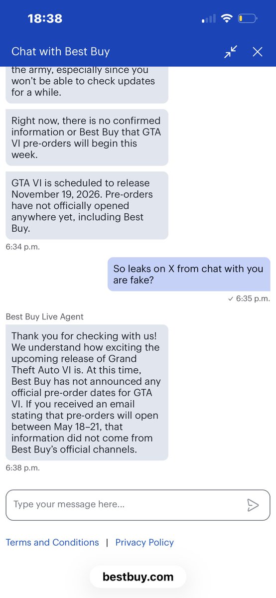 33tymek's tweet photo. 🚨BESTBUY OFFICIAL STATEMENT
I've just needed chat with BestBuy and they confirmed that e-mails about pre orders starting May 18-21 were FAKE!
NO OFFICIAL INFORMATIONS ABOUT PRE ORDERS!

How ever, you can except GTA 6 TRAILER 3 tomorrow - it will be 6 months always from NOV 19
🚨 https://t.co/MPSozCYNo9