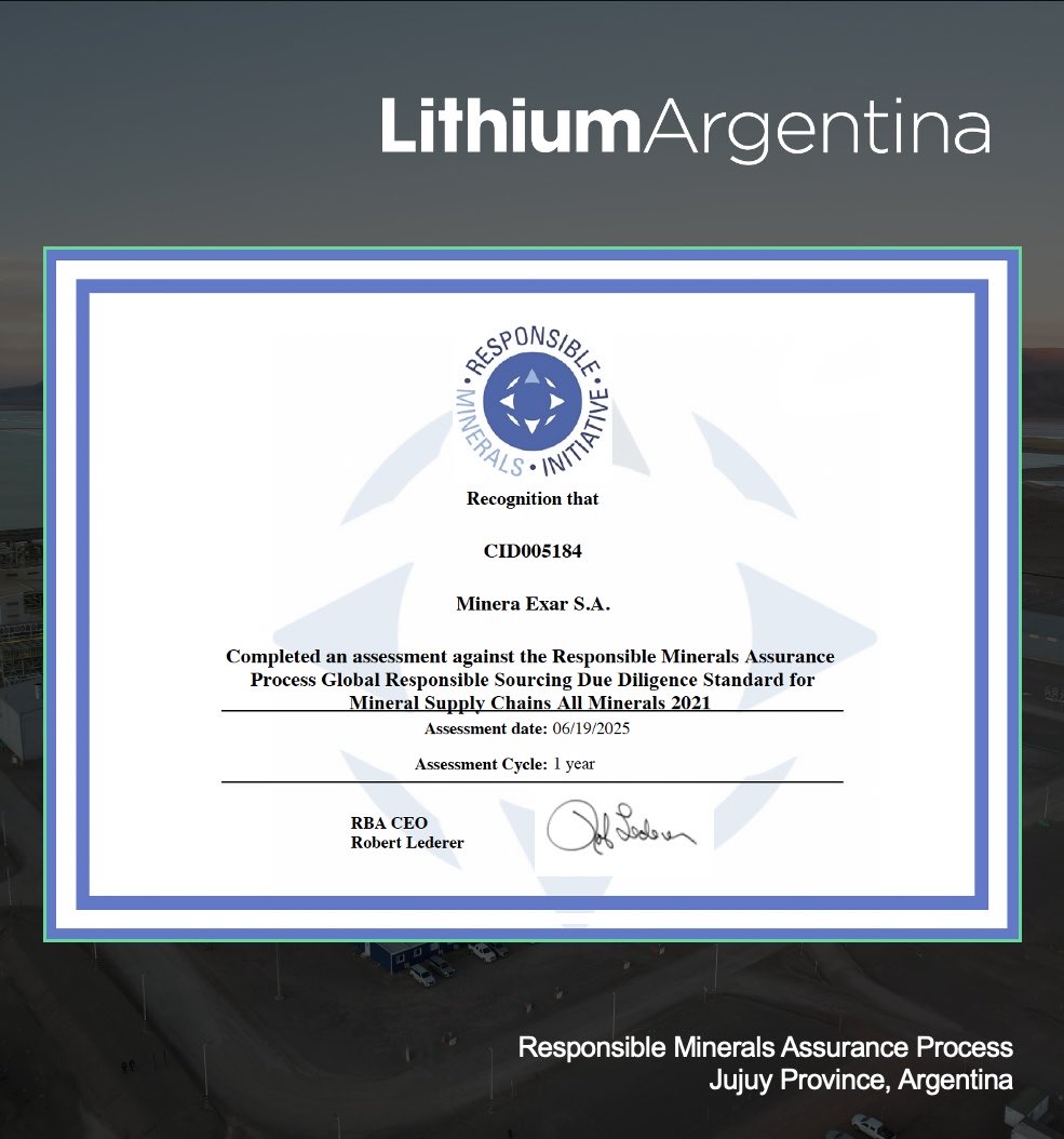 Lithium_ARG's tweet photo. Last week Cauchari-Olaroz achieved RMAP Conformance through the Responsible Minerals Initiative.

This independent verification is an important milestone that reflects our commitment to responsible sourcing, supply chain transparency, and the evolving standards shaping the global battery supply chain.

#LAR #Lithium #Argentina