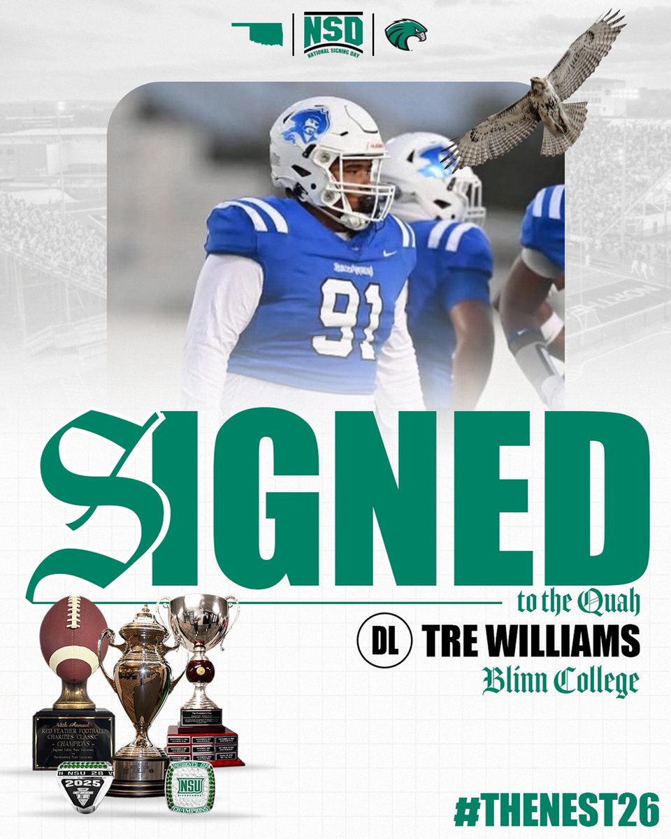 NSU_Football's tweet photo. Signed to the Quah ✍️🦅

Tre Williams, welcome to NSU!

Vacherie, Louisiana native standing 6’, 290 pounds. A twitchy, high-motor defensive lineman, Tre was a disruptive force at Blinn College and now brings his relentless playmaking ability to the Quah.

#TheNest26 | #Come2TheQuah