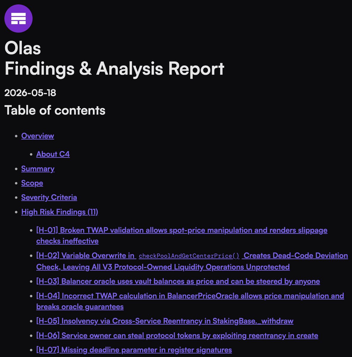 code4rena's tweet photo. The Olas audit report is now published!

Huge shoutout to the @autonolas team for their strong dedication to upholding the highest security standards.

Check out the full report below.👇 https://t.co/BEEmApCyVL