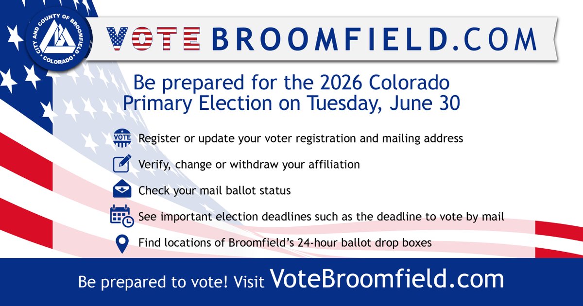 broomfield's tweet photo. Colorado Primary Election: Ballots mail June 8. In-person pickup starts May 18 at the CCOB Elections Office with a photo ID. Primaries are semi-closed. Only party members and unaffiliated voters participate. Verify affiliation at https://t.co/0mcgGCOg3m to ensure eligibility. https://t.co/LymnoCfCCj