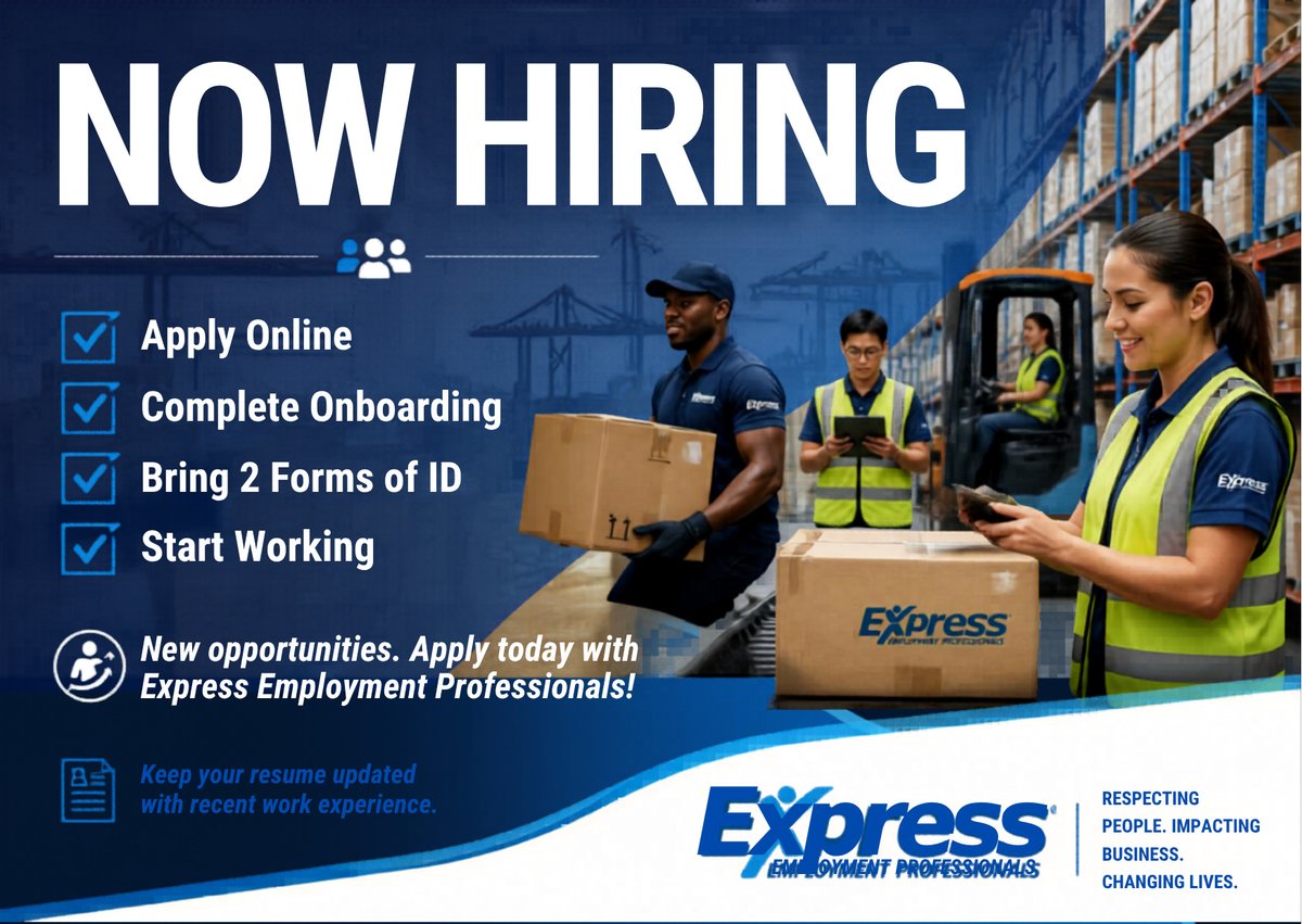 ExpressNorthATX's tweet photo. We’re Hiring! 🎉

Start your next career opportunity with Express Employment Professionals.
Apply online, complete your onboarding, bring 2 forms of ID, and let us help you get to work! https://t.co/ZM1wgd53OP