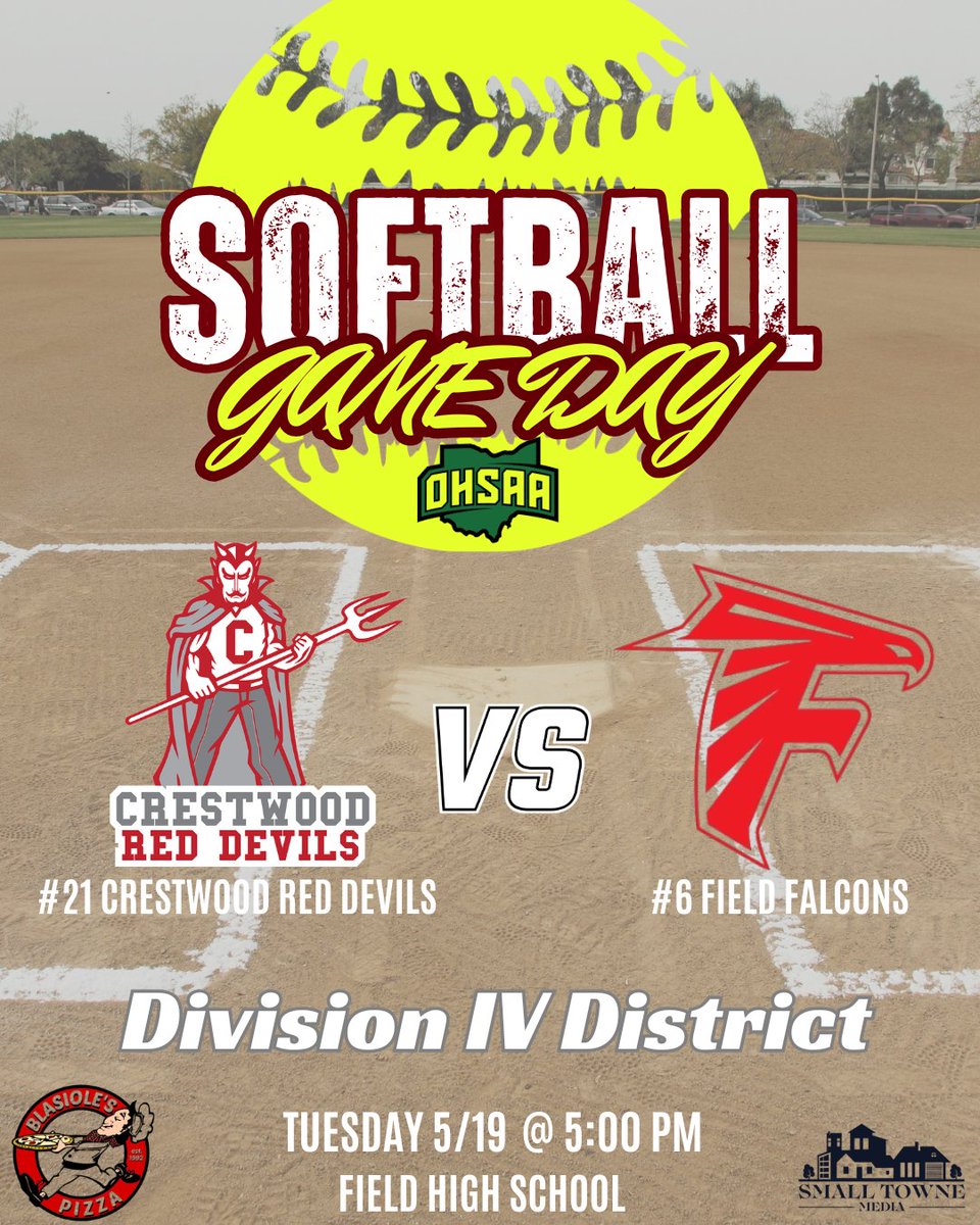 SmallTowneMedia's tweet photo. Tuesday we will be in Brimfield for a D4 District postseason All-Portage County softball matchup as the #6 seed Field Falcons host the #21 seed Crestwood Red Devils! Derek Dimit will have the coverage brought to you by @Blasioles!
@LRDSoftball @BethDye91439827 @derek_dimit https://t.co/M2bwW3Me7i