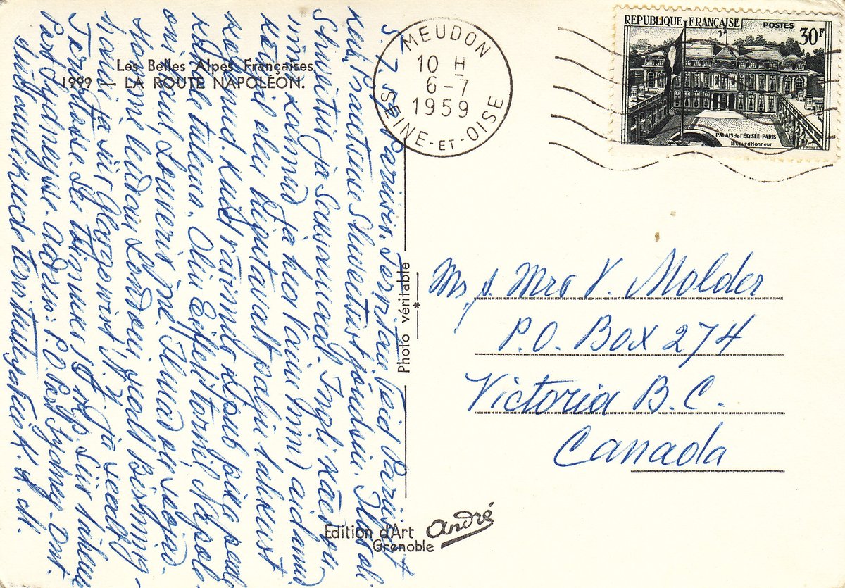 MarjeMolder's tweet photo. Today's #PostMarkMonday is on a #vintage 1950s French #PostCard featuring “La Route Napoleon” based on art deco paintings by #AndreMarty It was posted from #MeudonSeine -et-Oise 67 years ago in 1959  #philately #PostMarks #ephemera #cancels #deltiology #history #Napoleon #France https://t.co/tvY2g4BH2k