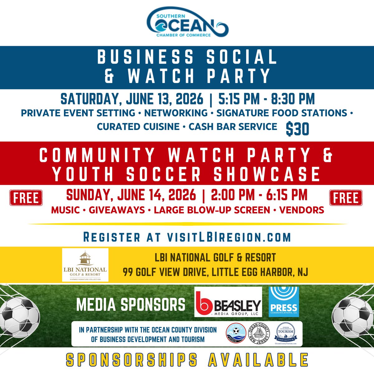 LBIregion's tweet photo. ⚽️The Southern Ocean County Chamber of Commerce is proud to host World Cup Watch Party Weekend, bringing international soccer, networking, family fun, &amp; local flavor to the LBI Region.
Learn more &amp; register: https://t.co/qo40SaWgSZ https://t.co/yvu3pePO5t