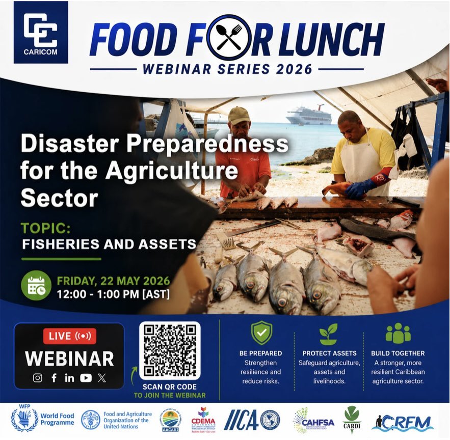 IICABAHAMAS2's tweet photo. Join the upcoming webinar on Disaster Preparedness for the Caribbean fisheries &amp; aquaculture sector hosted by the Caribbean Regional Fisheries Mechanism &amp; Caribbean Community.
📅 Fri, 22 May 2026 ⏰ 12 PM AST | 10 AM Belize
#fyp #Fisheries #Aquaculture #ClimateResilience https://t.co/5tIMaNxcQB