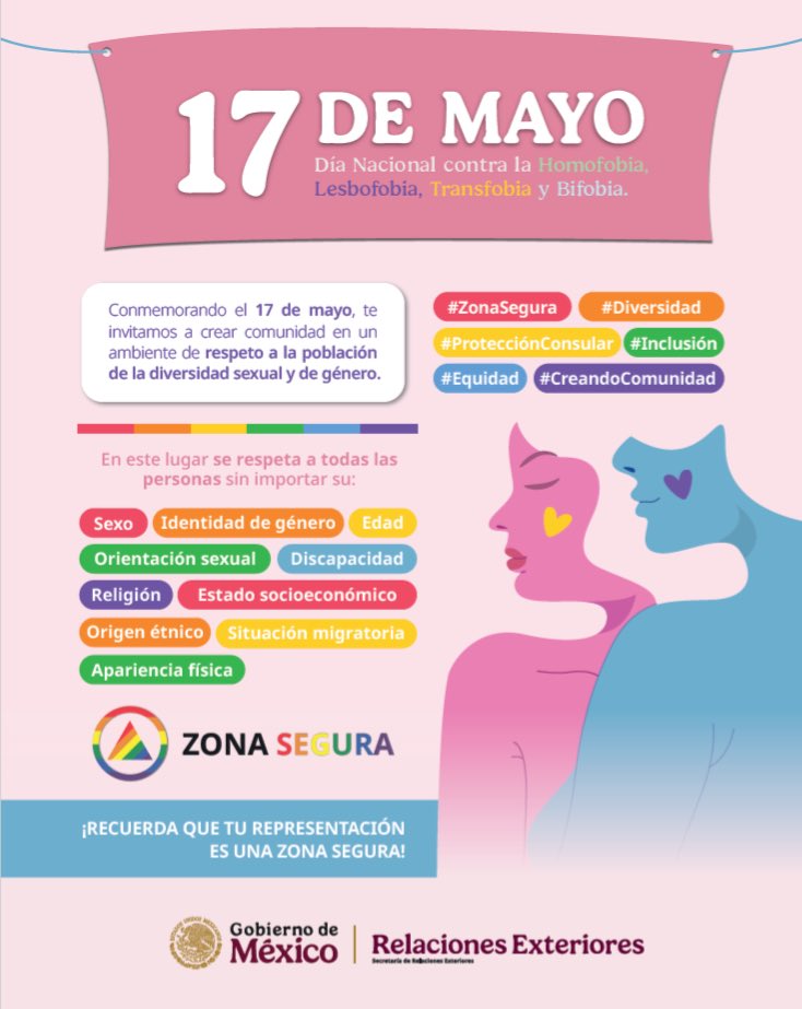EmbaMexSud's tweet photo. Con motivo del Día Internacional contra la Homofobia, la Transfobia, la Lesbofobia y la Bifobia, la Embajada de México en Sudáfrica reafirma su compromiso con la equidad, diversidad y el respeto por la identidad y la orientación sexual de todas las personas. 🇲🇽🤝🏳️‍🌈🏳️‍⚧️ https://t.co/0KSI5NK3ef