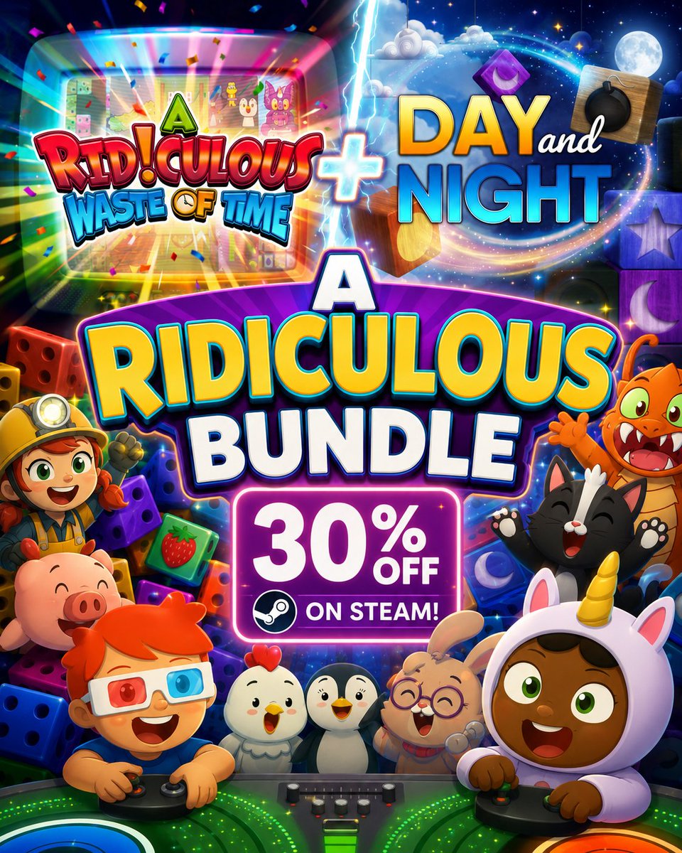 ridiculousdev's tweet photo. 🎉 Two Ridiculous Games! One Ridiculous Deal! 🎉 🔥 https://t.co/eehR5TGyx7

Looking for twice the fun? Grab A Ridiculous Bundle on Steam: A Ridiculous Waste of Time and Day and Night 

…all for 30% OFF (limited time)!  

#Steam #IndieGame #CasualGames #SteamSale #GamingDeals https://t.co/fe2xRlA0tX