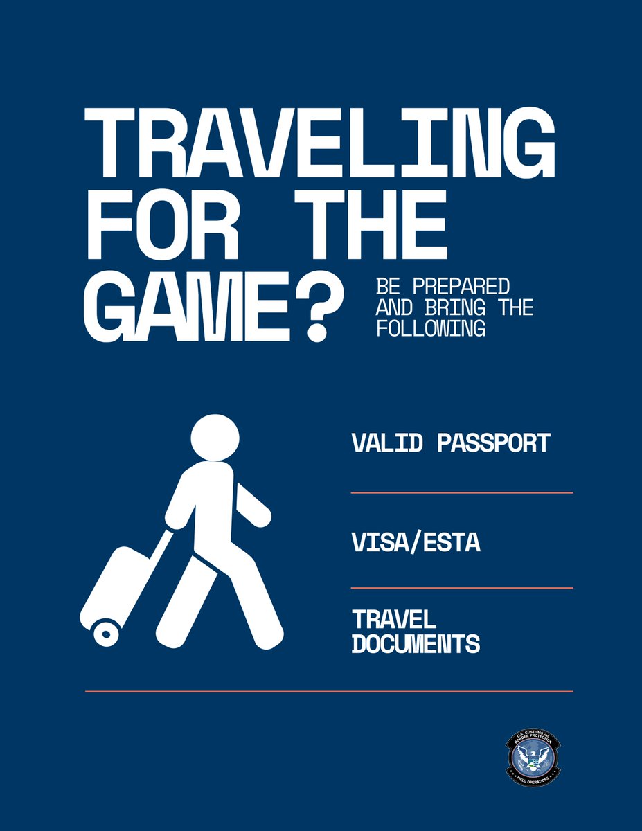 CBPTravelTips's tweet photo. Fans arriving for the FIFA World Cup 2026™: Have your passport, visa/ESTA, and travel documents ready.
More guidance: https://t.co/4LOAXuwqa9 https://t.co/ljn6dZZZtX