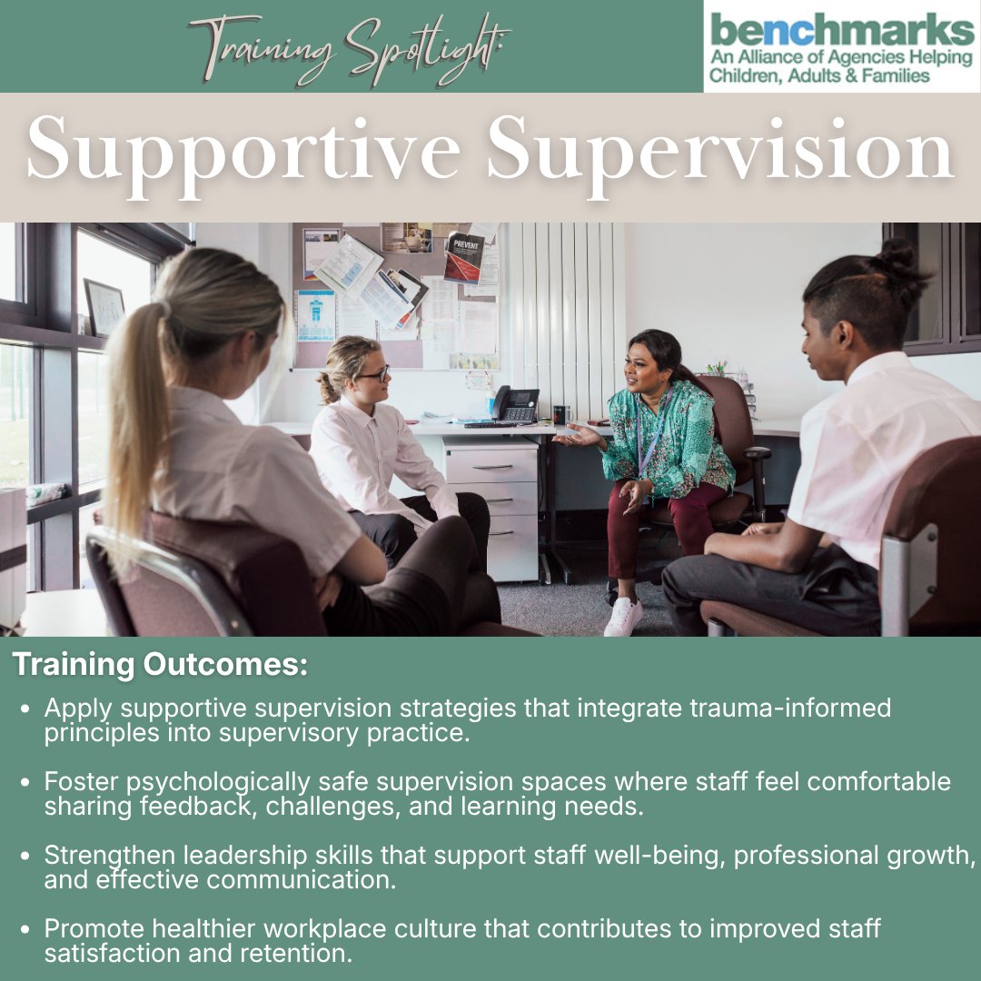 BenchmarksNC's tweet photo. Our Supportive Supervision Training equips leaders with practical strategies to create psychologically safe spaces, strengthen communication, support staff well-being, and foster healthier workplace culture.

Learn more abut this training and others: https://t.co/u5jiKIUPHu https://t.co/SLTQd5yM8Z