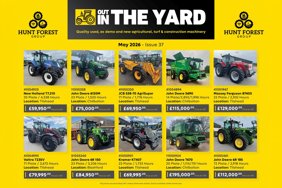 HuntForestGroup's tweet photo. 🟢🟡𝗠𝗔𝗬’𝗦 𝗢𝗨𝗧 𝗜𝗡 𝗧𝗛𝗘 𝗬𝗔𝗥𝗗 𝗜𝗦 𝗛𝗘𝗥𝗘🚜🔖
May has brought a fresh intake of quality used machinery, with something to suit a wide range of requirements.

👉Read May’s Out in the Yard here:
https://t.co/oZWZVy4I3h

#HFG #UsedMachinery #FarmEquipment #ReadyForWork https://t.co/kbuqKetkk5