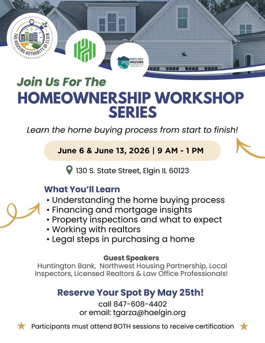 HAElgin's tweet photo. There is still time to reserve your spot for our upcoming Homeownership Workshop Series!
Email tgarza@haelgin.org to register by next Monday, May 25th!
#HomeownershipJourney #HomeownershipWorkshop https://t.co/XkrXXgRJrU
