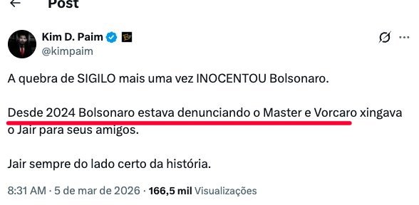 Rconstantino's tweet photo. Dica: a militância bolsonarista precisa acertar o discurso. Kim elogia Jair por denunciar Master e Vorcaro desde 2024, mas a linha de defesa do Flavio é alegar que antes da sua prisão em 2025 ninguém tinha como saber que ele era um escroque... https://t.co/hjrj5Fwww1