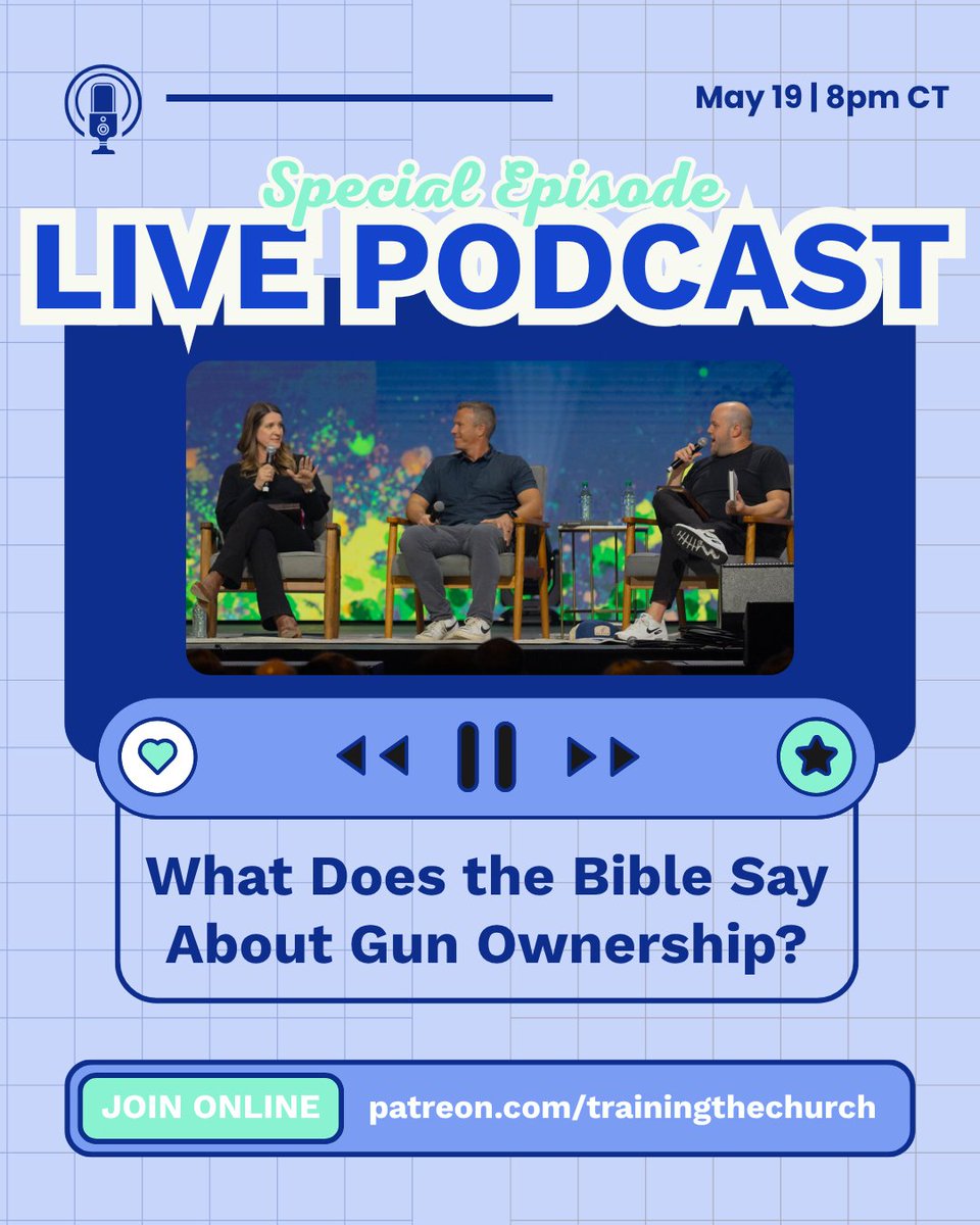 KnowingFaithPod's tweet photo. @jenniferwilkin @jt_english &amp; @kyleworley are going LIVE on Patreon tomorrow night (May 19) to discuss the question, "What does the Bible say about gun ownership?"

Join us at 8pm CT &amp; be part of the discussion!

Not a Patreon supporter yet? Sign up here: https://t.co/GXhIIUh44b https://t.co/kjk61XL9xe