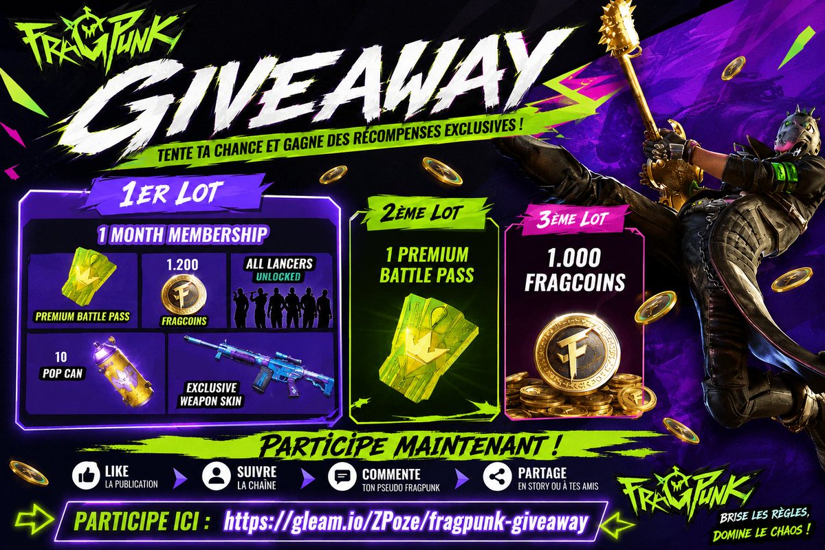 Zoutriv's tweet photo. 🚨FragPunk #Giveaway Season 5

🎁Prize : 
1st - 1 MONTH MEMBERSHIP (35$)
2nd - PREMIUM BATTLEPASS (10$)
3rd - 1.000 Fragcoins (10$) 

➡️TO ENTER : 
✅Join now : https://t.co/UxSu654TNU
✅Turn on Notifications 🔔

⏰Draw 24/05/25 #FragPunk 
🗒️Conditions inside the gleam link ! https://t.co/I2FagKW25u