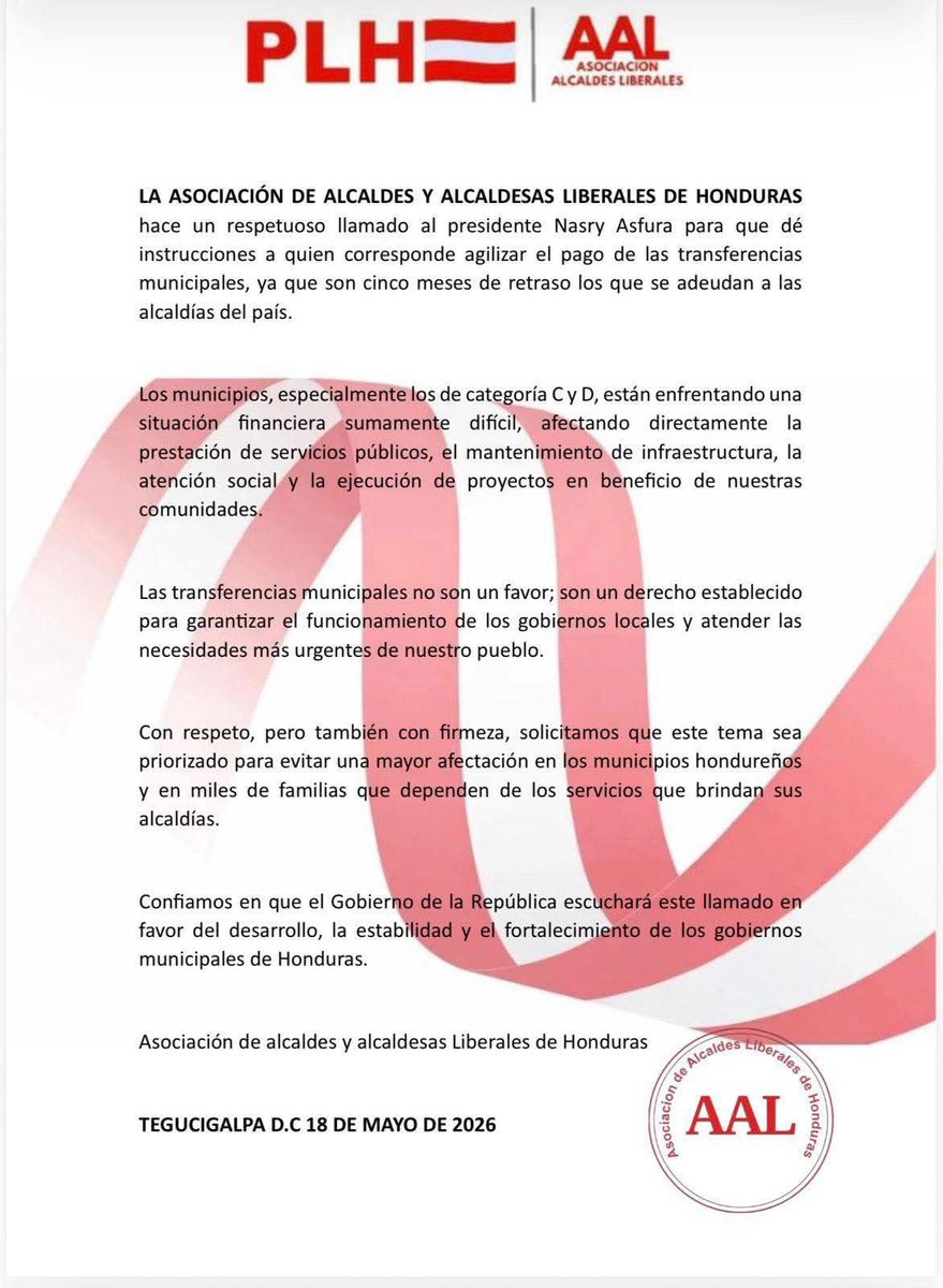 PLHonduras's tweet photo. La Asociación de Alcaldes Liberales,  hace un  llamado para agilizar las transferencias municipales pendientes, especialmente en apoyo a los municipios más vulnerables del país.

Fortalecer a los gobiernos locales es fortalecer el bienestar de miles de familias hondureñas. https://t.co/W1vk5au9xh