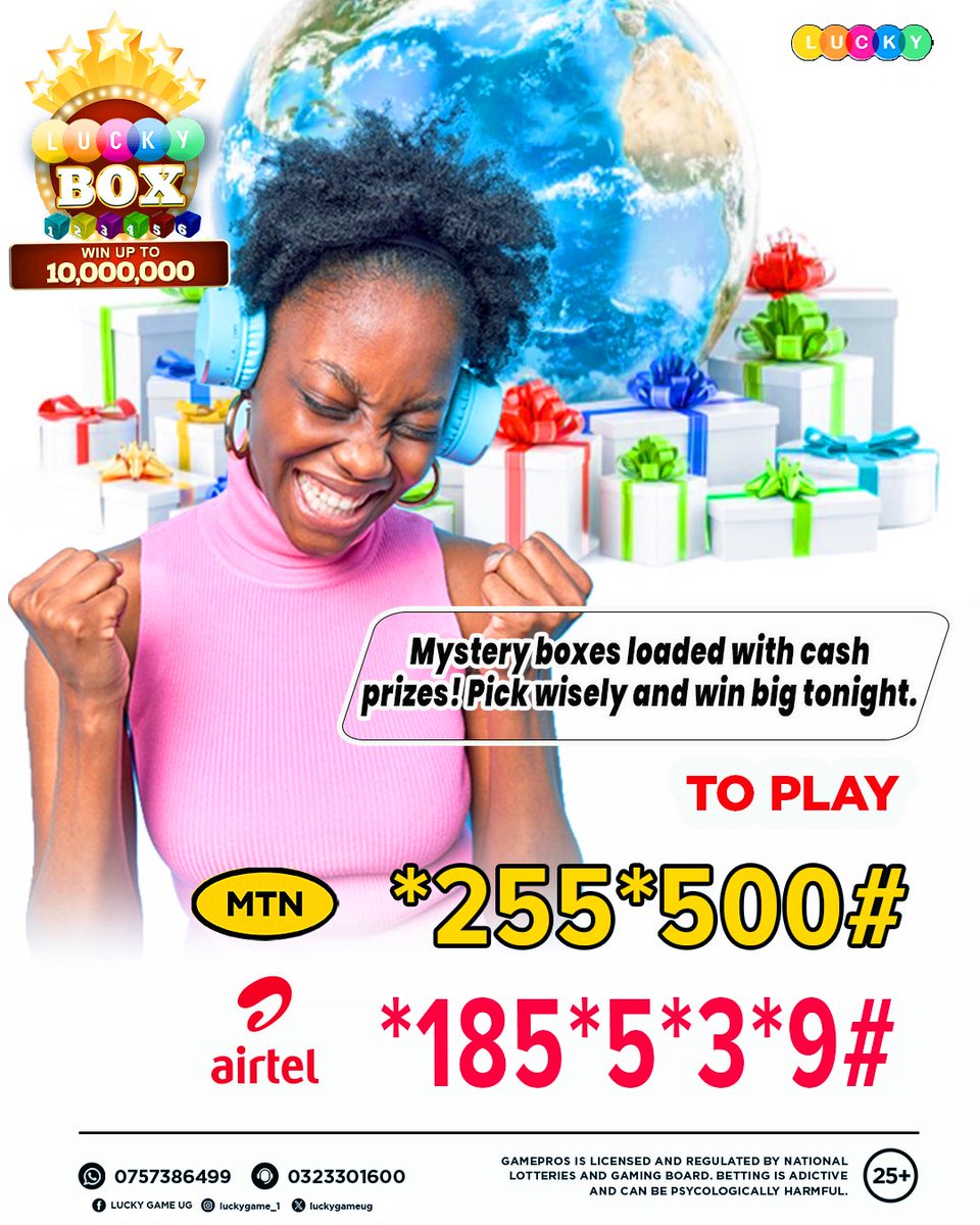 luckygameug's tweet photo. 💰 Mystery boxes loaded with cash prizes!
Pick wisely and win big tonight with Lucky Game. 🎁⚡🍀
SIX BOXES | ONE CHOICE | ONE INSTANT SURPRISE 💥
Choose with confidence — your reward is waiting inside! 🚀
📲 MTN → *255*500#
📲 Airtel → *185*5*3*9#
🔞25+ | T&amp;Cs 
#LuckyGameUG https://t.co/w62PltqfI3