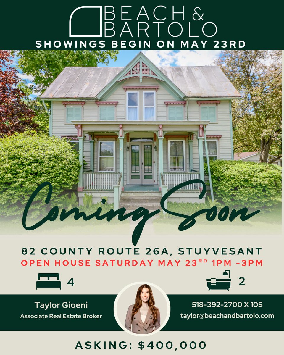 beachandbartolo's tweet photo. 🏡 COMING SOON! Check out this 4BR/1.5BA historic charm at 82 County Route 26A, Stuyvesant, NY. Offered at $400,000—a rare find in a high-demand Columbia County market!
🗓️ Showings &amp; OPEN HOUSE begin Sat, May 23rd from 1PM-3PM.
https://t.co/CVbpS7LXS4 https://t.co/sNu7IHipzj