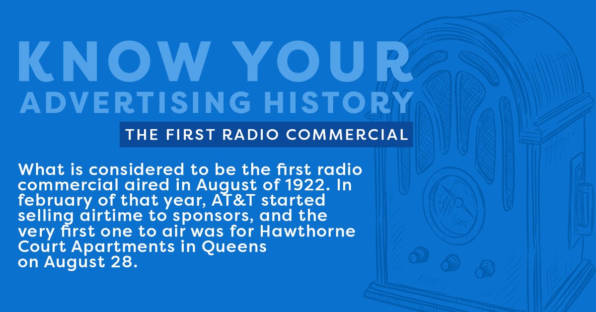 McNuttPartners's tweet photo. 📻 #DidYouKnow the 1st radio commercial aired on Aug. 28, 1922? AT&amp;T changed the marketing game selling airtime to promote apartments.

From 1920s airwaves to today’s digital world, we’re obsessed w/ how brands tell their stories. Need help? Let’s chat! https://t.co/pLMrpl5bHZ https://t.co/qgGmliRFDF