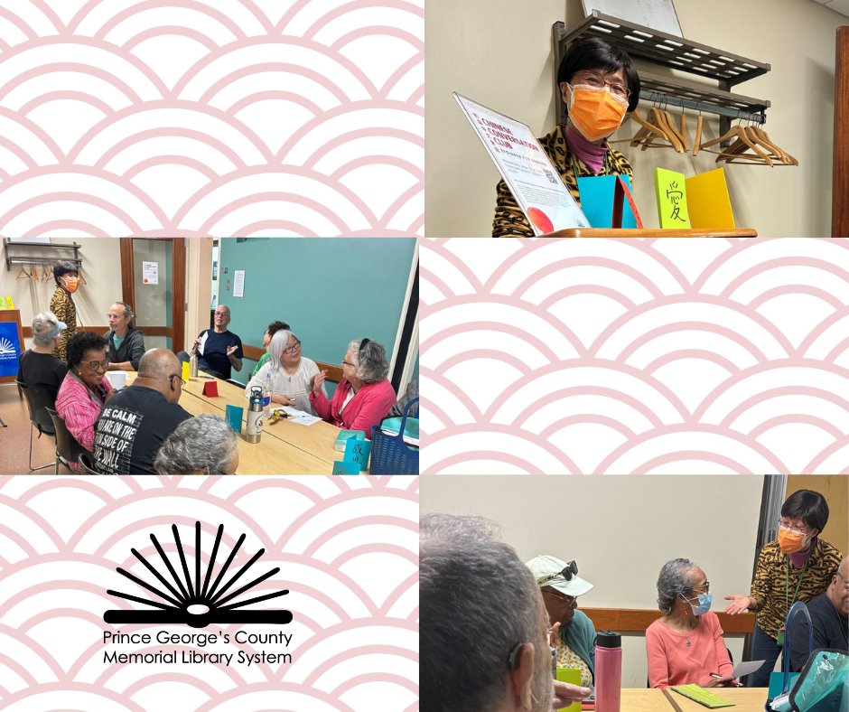 PGCMLS's tweet photo. Last week, the Greenbelt Branch Library hosted a special “Beginner Chinese Conversation” program to celebrate both #AsianPacificAmericanHeritage and #OlderAmericansMonth.

The Greenbelt librarian who spearheaded the program noted: “Language is the key to understanding a country’s culture—and moreover, learning a new language can help prevent aging and memory loss.” This made it an ideal program to celebrate both initiatives this May. 

PGCMLS routinely hosts “Conversation Clubs” where community members can get together to strengthen their language skills, including programs dedicated to learning Spanish, ASL, English, and French. Visit: https://t.co/Eca0MC2Xqm to learn more and find a program near you! 📚✨ 

#FreeLanguageLearning #LibraryPrograms #GreenbeltMD