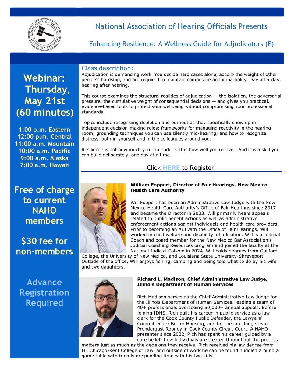 NAHOtweets's tweet photo. ⚖️Join us for our next webinar: 
Enhancing Resilience: A Wellness Guide for Adjudicators (E)

🗓️Thursday, May 21, 2026
⏰1:00 p.m ET/ 12:00 p.m. CT

🆓 for current NAHO members! 
$30 for non-members.

💻Registration is required. Visit https://t.co/E9nDy87a2z for details! https://t.co/6B1VXOCWs7