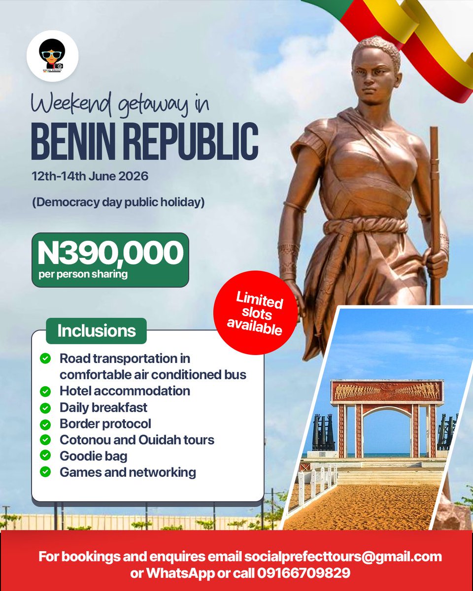 SocialprefectT's tweet photo. Weekend Getaway in Benin Republic! 🇧🇯

Sign up to experience the beauty, culture and history of this beautiful destination 🥰❤️ https://t.co/9dBSaYKgdX