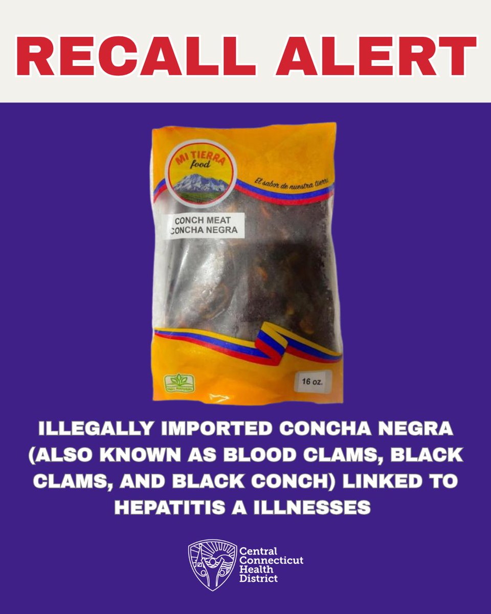 CCTHD4's tweet photo. ⚠️ FOOD SAFETY ALERT : HEPATITIS A  ⚠️

La Serranita brand Concha negra distributed by Mi Tierra in New Jersey. The FDA advises that these products should NOT be sold, served, or consumed. This product has been distributed in CT.

https://t.co/fR64AXuO65 https://t.co/QTH19G4KXb