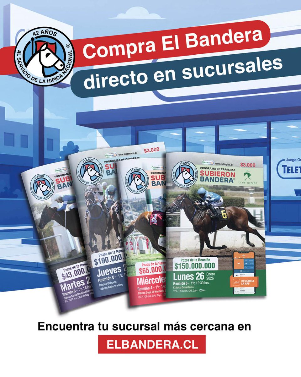 ElTurf's tweet photo. Consigue el programa de carreras Subieron Bandera de forma rápida y directa en puntos de venta autorizados 🐎🏁

Disponible en la Región Metropolitana y también en Valparaíso.

📲 Más información en https://t.co/TfkZSaTV6e

#turf #hipica #programasdecarreras #carrerasdecaballos https://t.co/bdTuIRw6hn