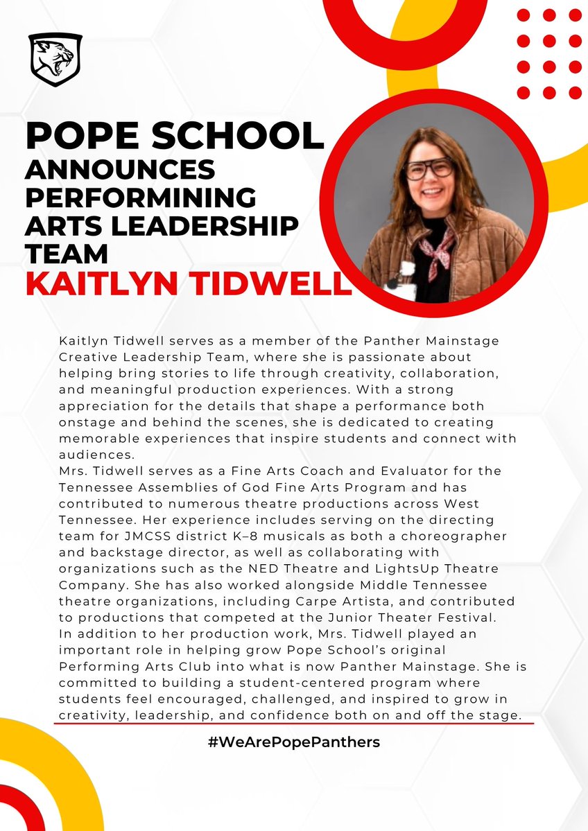pope_school's tweet photo. 🐾Another familiar face is joining our #PantherArts FAMILY! @counselorkait is COMMITTED to supporting our #PantherMainstage program from opening curtain to the final bow. We hope to see you at our next SHOW!🐾 #WeArePopePanthers #Since1909 https://t.co/OVF0rnWhyZ