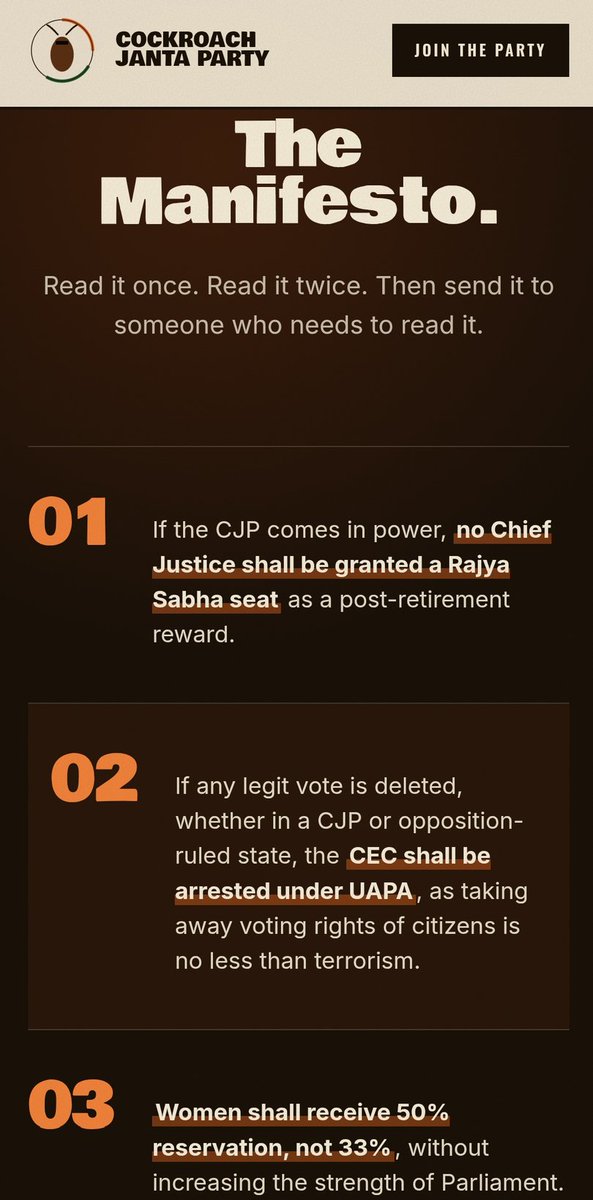 BeyParvah's tweet photo. लो भाई किसी तेज तर्रार व्यक्ति ने CJI साहब की बात को सीरियस लेकर नई पार्टी ही बना ली "कॉकरोच जनता पार्टी"🤣🤣🤣🤣 https://t.co/NrhpK7gpzH