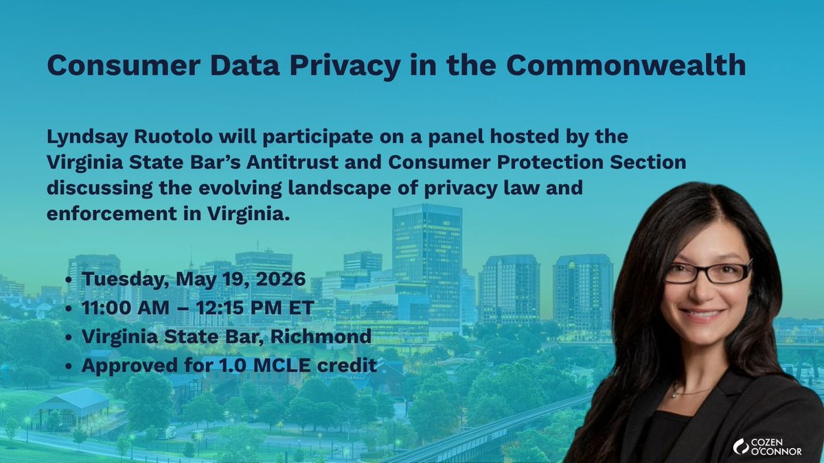 StateAGReport's tweet photo. Tomorrow, Lyndsay Ruotolo will participate on a panel hosted by the @VAStateBar’s #Antitrust and #ConsumerProtection Section discussing the evolving landscape of #privacylaw and #enforcement in Virginia. https://t.co/DCj8hMc1kh https://t.co/04Ix4ukPgv